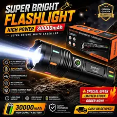 Sanford High-Power White Laser LED Flashlight 30000mAh – USB Rechargeable Waterproof Torch Light with Digital Percentage Display & Power Bank Function