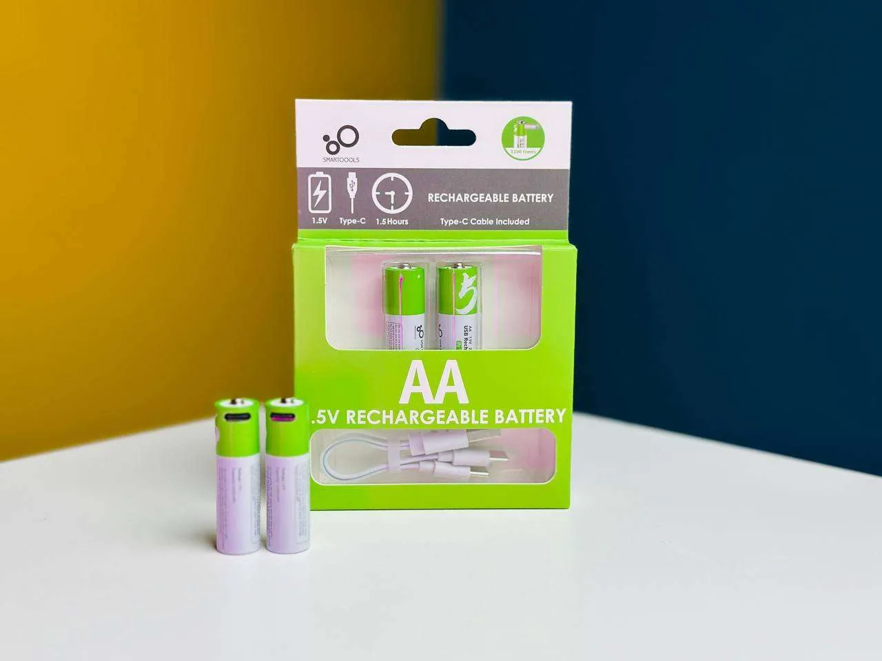 Smartoools 1.5V AA Type-C USB Rechargeable Lithium Battery Set (2600mWh High Capacity, 1.5h Fast Charging, 1200 Cycles) with 2-in-1 Type-C Cable
