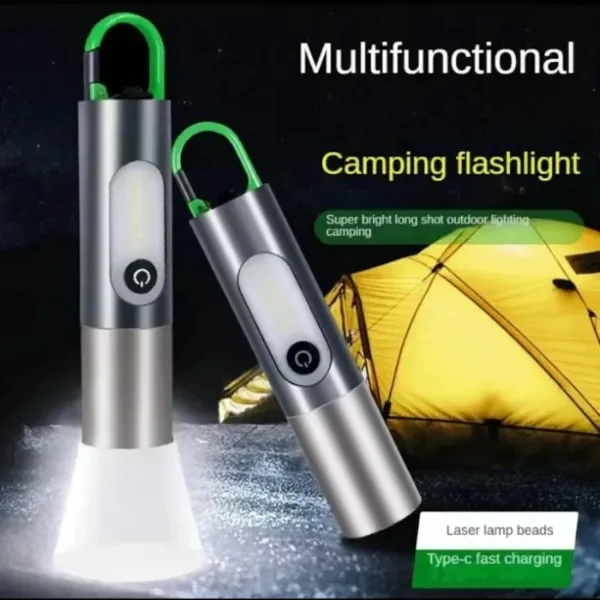 Multifunctional LED Rechargeable Camping Flashlight – Telescopic Zoom, COB Work Light & Carabiner Hook image 2