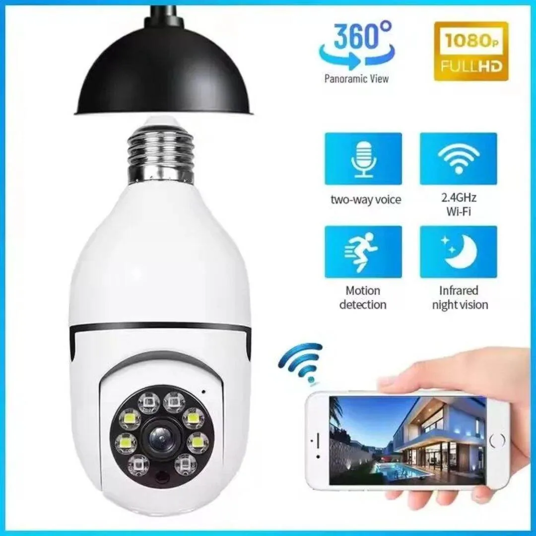 1080P HD Wireless Light Bulb Security Camera – 360° Panoramic View, Night Vision & Two-Way Audio
