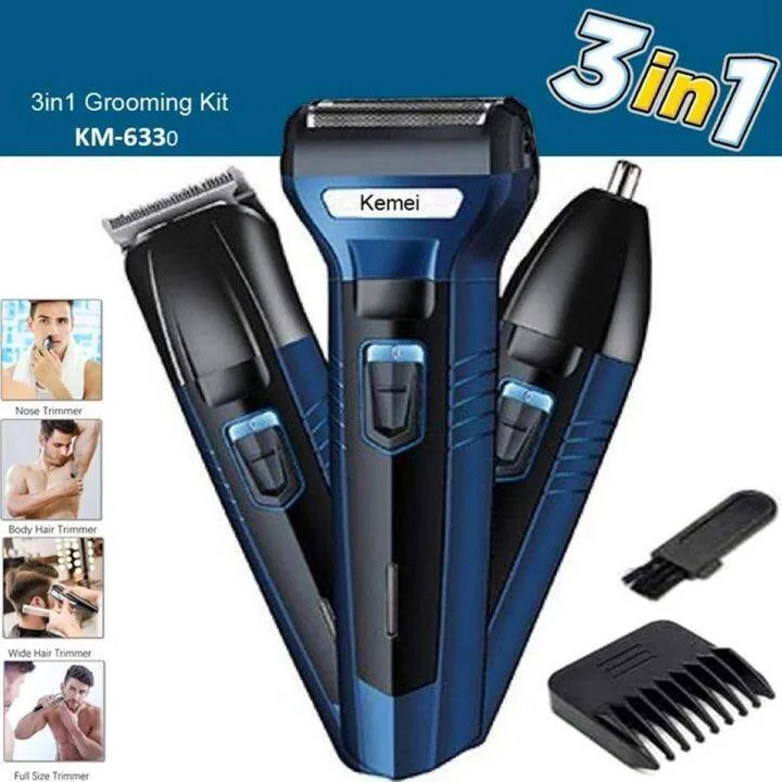 Kemei KM-6330 3-in-1 Rechargeable Electric Grooming Kit – Hair Clipper, Beard Trimmer & Nose Trimmer