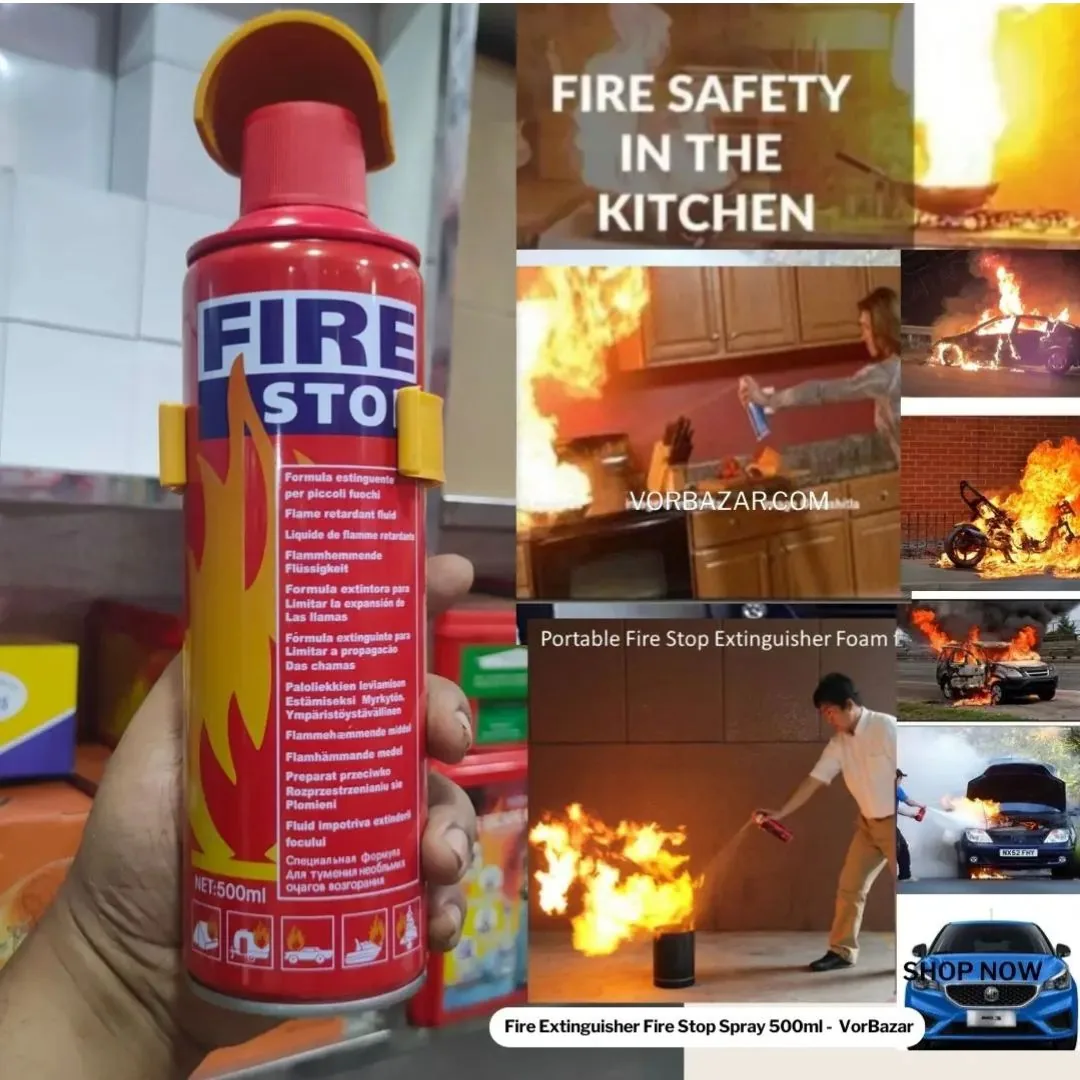 Portable Mini Fire Extinguisher Spray for Car, Home, & Kitchen – 500ml Fire Stop Foam with Mounting Stand