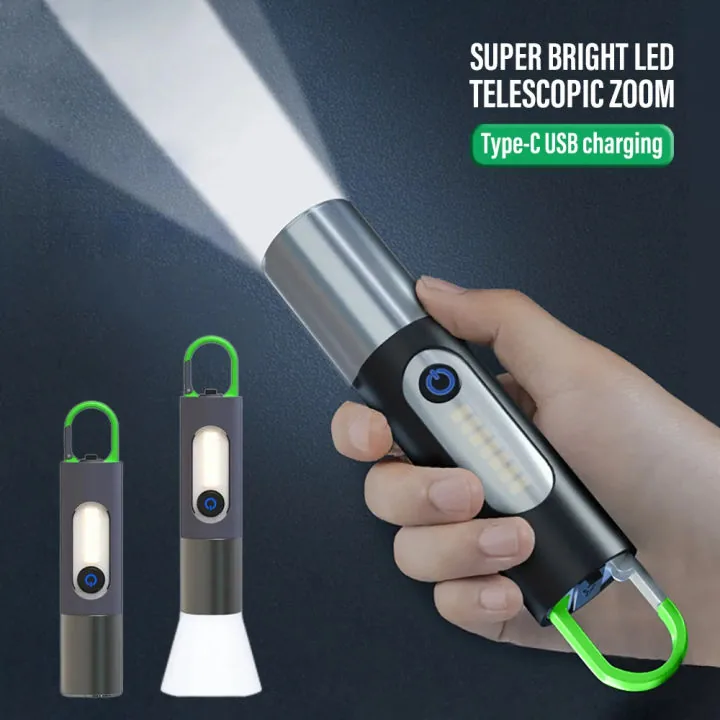 Multifunctional LED Rechargeable Camping Flashlight – Telescopic Zoom, COB Work Light & Carabiner Hook