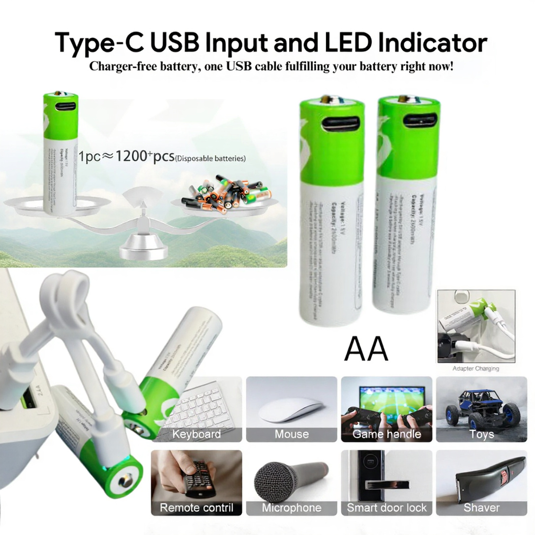 Smartoools 1.5V AA Type-C USB Rechargeable Lithium Battery Set (2600mWh High Capacity, 1.5h Fast Charging, 1200 Cycles) with 2-in-1 Type-C Cable image 6