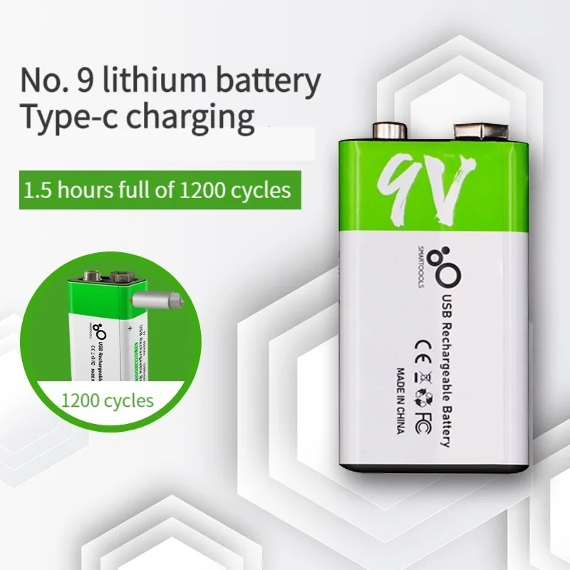 Smartoools 9V 650mAh Rechargeable Lithium-ion Battery with Type-C Fast Charging Cable – 1200 Cycles Long Life Li-ion 9 Volt Battery for Wireless Mic, Smoke Detector, Toys & Multimeter image 4