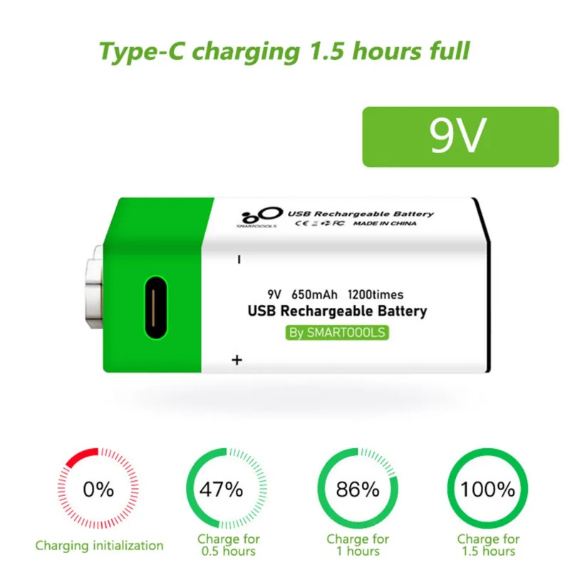 Smartoools 9V 650mAh Rechargeable Lithium-ion Battery with Type-C Fast Charging Cable – 1200 Cycles Long Life Li-ion 9 Volt Battery for Wireless Mic, Smoke Detector, Toys & Multimeter image 3